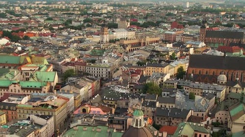 Old market in Krakow, Poland, aerial view of roofs and church towers
