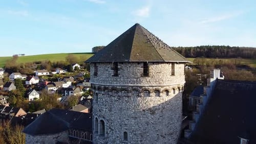 Scenic aerial shot of medieval castle tower in traditional german town Stolberg, Rhineland.