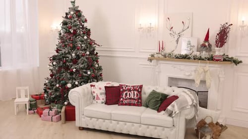 Christmas Tree and Decorations in Bright Living Room