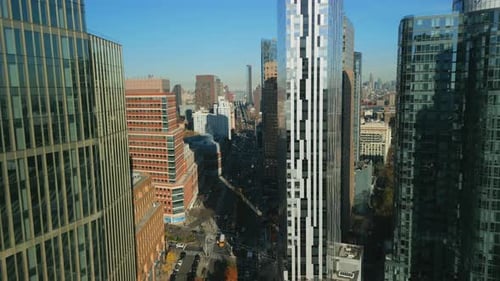 Aerial View of Wide Street and Modern High Rise Office of Apartment Downtown Buildings in Metropolis