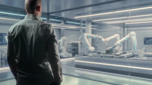 Man Observes Robotic Arms Operating in Futuristic Lab