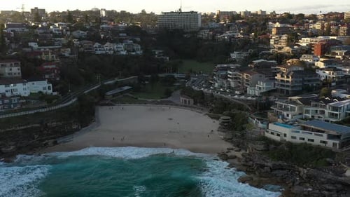 Aerial shot of waves coming into to Tamarama beach, Sydney Australia