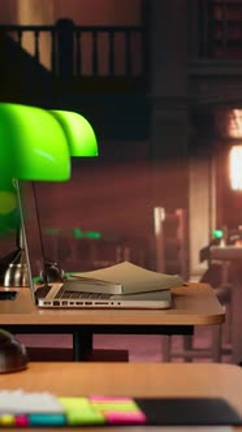 Vertical Video Empty Old Fashioned Library Filled with Vintage Decorations and Wooden Desks