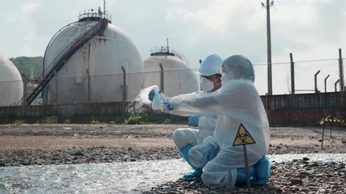 Ecologist Sampling Water From River with Test Tube Glass and Have White Smoke