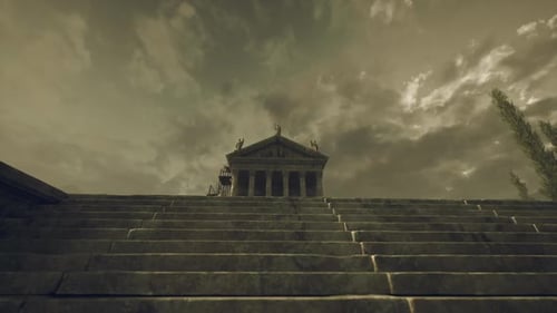 Un temple majestueux se dresse au sommet d'anciennes marches dans un ciel Théâtral
