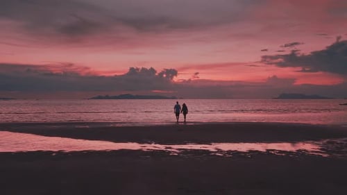 Romantic Couple Holding Hands Walking on the Beach Near the Sea and Enjoying a Beautiful Romantic