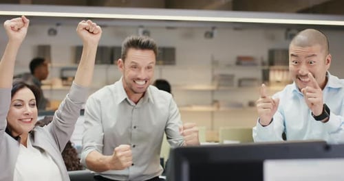 Team, office and celebration for success, winning and computer for stock market, profit or target