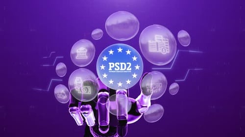 Futuristic Robotic Hand Interacting with PSD2 Financial Icons