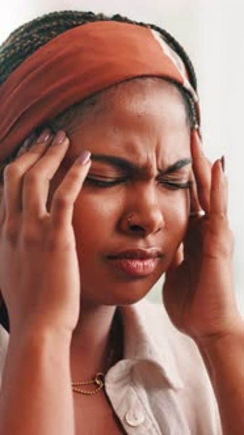 Woman, pain and massage headache at house with brain fog, vertigo and stress for university debt