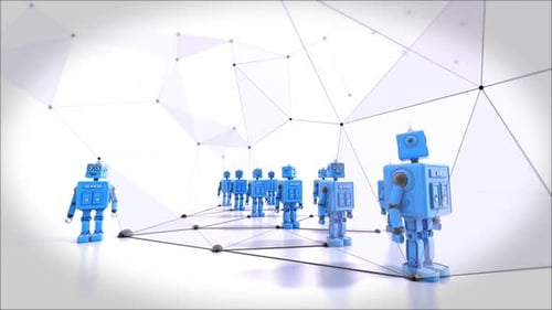 Animated Blue Robots Standing in a Digital Network