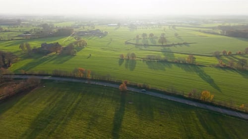 Aerial view of sunlit rural fields with winding road, scattered trees, and long shadows tranquil