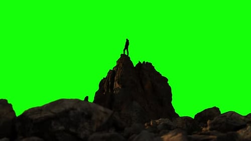 Adventure Man Hiker Standing on Top of Mountain Peak Composite Cutout with Green Screen