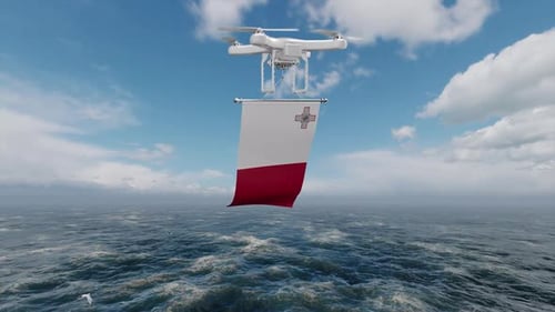 Drone Flying Over Ocean With Malta Flag