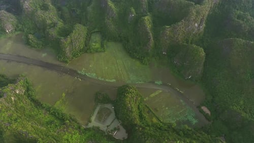 Mountains, river and drone in jungle landscape with nature, water and travel in Vietnam countryside