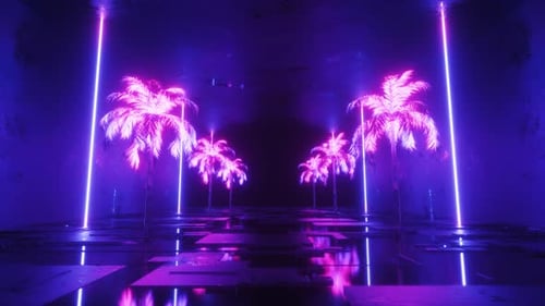Neon Glowing Palm Trees And Tunnel Loop