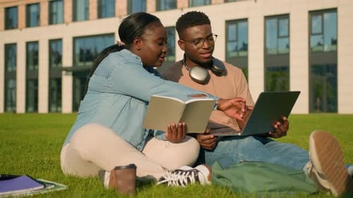 Afroamerikanische junge männliche Studentinnen, Freunde, Schüler sitzen am grünen Gras im Park und lernen