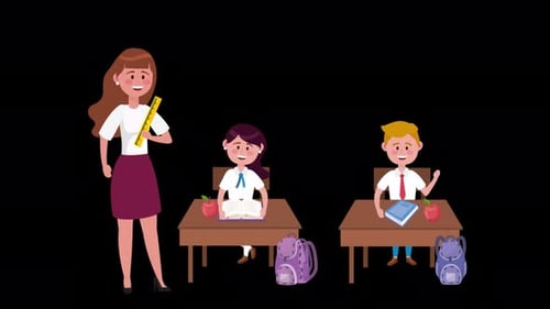 Woman Teacher With Girl And Boy Students In The Classroom Alpha Channel 4K