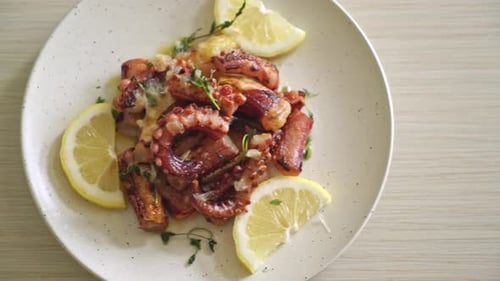 Grilled Octopus with Lemon on Plate Food Close-up