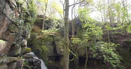 Waterfall Cascading Through a Rocky Forest Environment