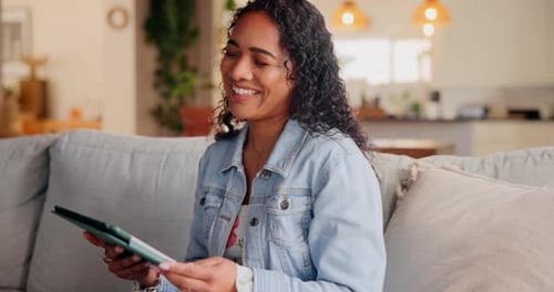 Home, laughing and woman on tablet reading meme, comedy or watch funny video on social media