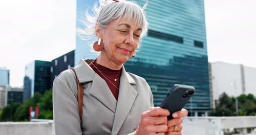 Businesswoman, smile and scroll in city with phone for social media, text message and company email