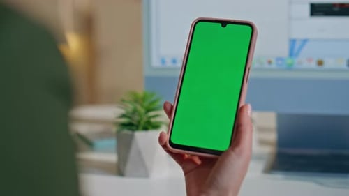 Manager Reading Message Chroma Key Cellphone at Work Desk Close Up Girl Hand