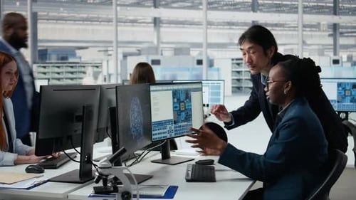 Optimizing Microchip Production AI and Senior Manager with Woman in Factory