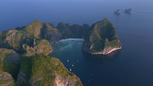 Aerial shot of famous The Maya Bay in Kho Phi Phi, Thailand.