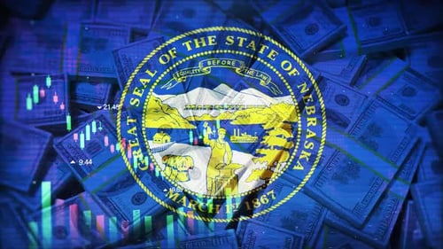 Nebraska Flag On Economic Background With Decrease Bar Chart Graph And Arrow
