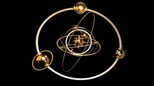 Goldene Himmelsbahnen, abstrakte Kunst, stachelige Kugel, Planeten, Ringe, Design, 3D-Darstellung, Weltraum, Galaxie, Kosmos