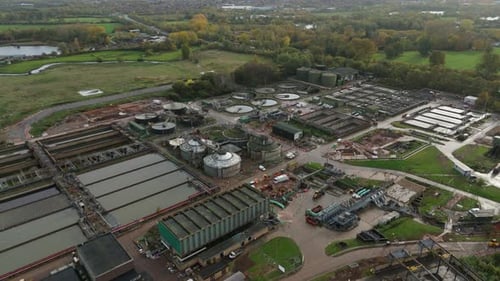 Aerial view of water treatment facility, United Kingdom.