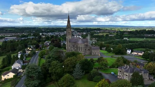 St. Cathedral, County Monaghan, Ireland, September 2022. Drone orbits clockwise pushing closer to th