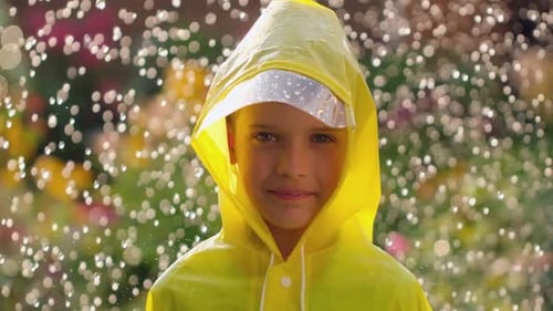 Child Yellow Raincoat Happy Smiling Boy Children Having Fun Rainfall with Drops Rain Happy Family