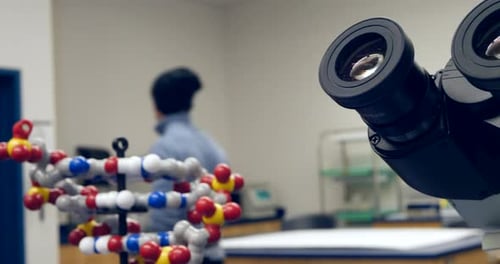 A student in a college biology science classroom doing an experiment behind a microscope and a dna d