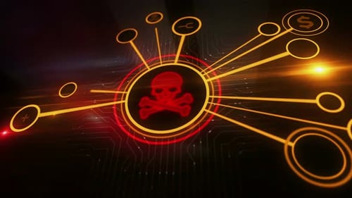 Cyberattaque avec symbole de crâne, concept numérique 3D