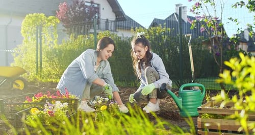 Mother and Daughter Planting Flowers in Garden