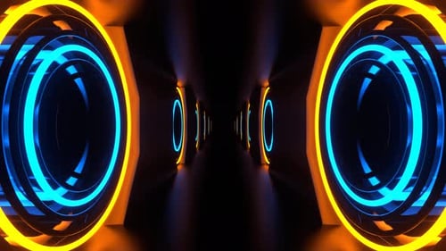 Orangefarbene und blaue Neonblitzringe im Tunnelhintergrund VJ Loop In 4K