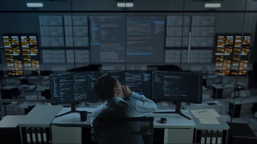 Müder asiatischer Mann gähnt vor dem Schlafengehen, während er Code mit mehreren Computerbildschirmen im Büro schreibt