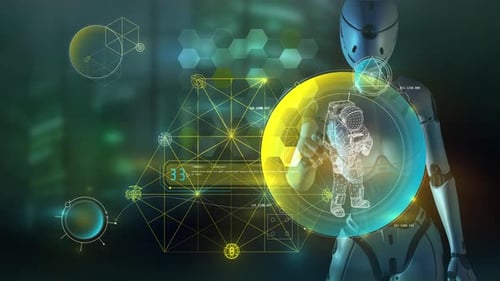 AI Robot Activating Futuristic Holographic Interface with Data Visualizations