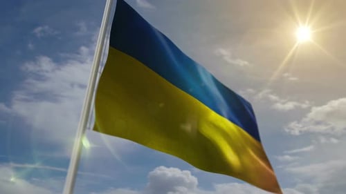 Waving Ukrainian Flag in Sunny Blue Sky