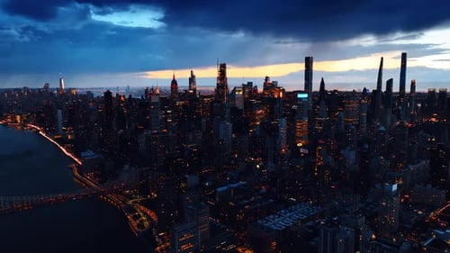 Cityscape aerial architecture of american city. New York city flying backwards.