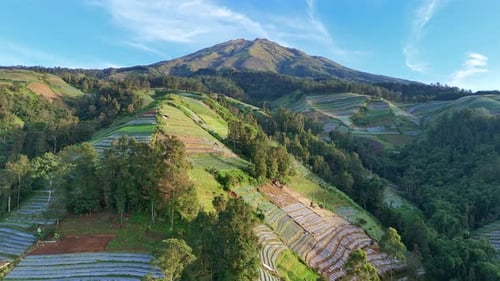 Drone footage showcasing a beautiful mountainous region covered with terraced agricultural fields