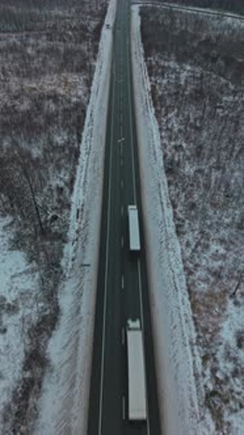 Isolated Aerial Route Featuring Lone Freight Truck Navigating Icy Pine Landscape During Harsh Winter
