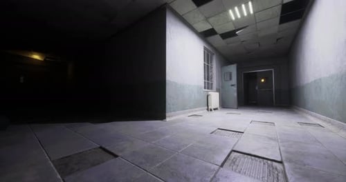 Haunting Corridor of an Abandoned Building with Dim Lighting and Open Door