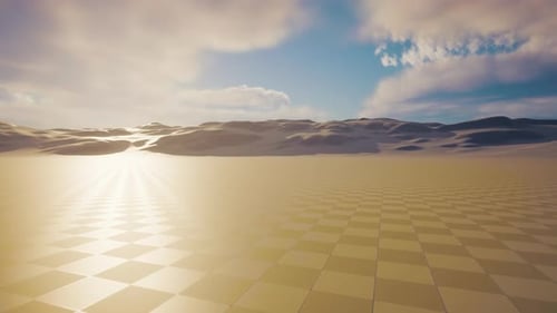 Geometric Desert Landscape Flyover with Bright Sun