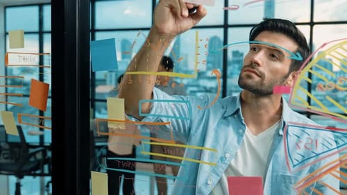 Business Meeting and Planning on Glass Wall in Office