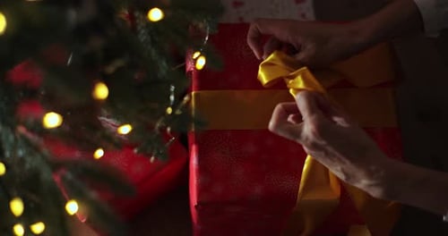 Hands Tying Ribbon on Christmas Gift under Tree