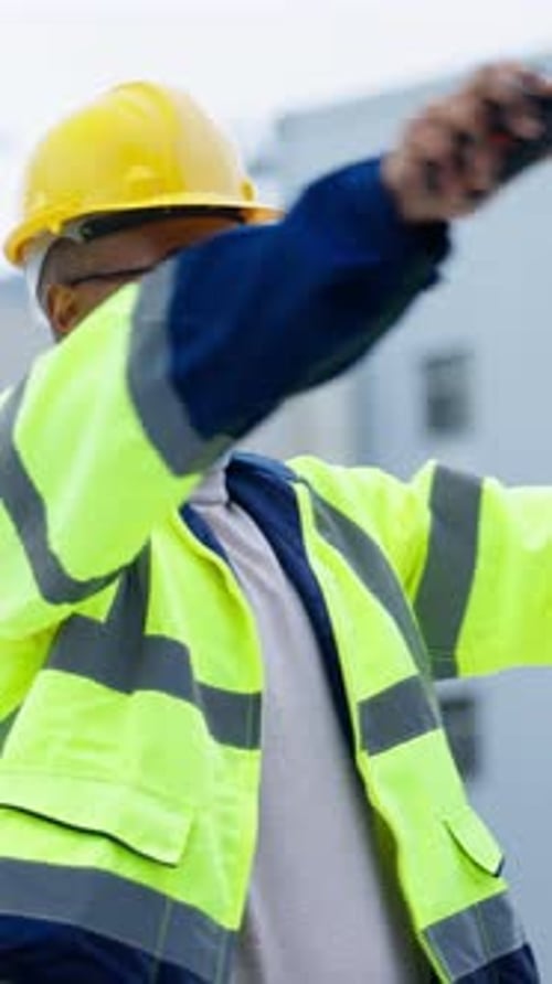 Radio, construction and black man with clipboard in city for feedback, building update