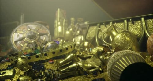 Pile of Golden Treasure in Chest Panning Shot