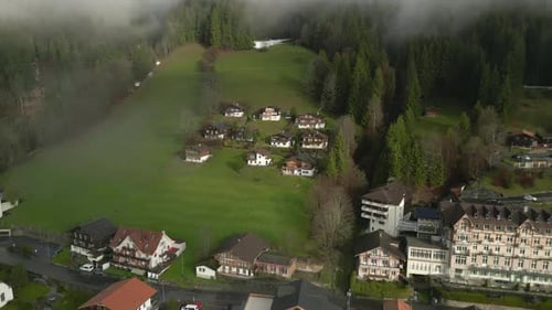 Drone Reveals Local Architectural Style As It Moves From Hillside Houses Interlaken Switzerland